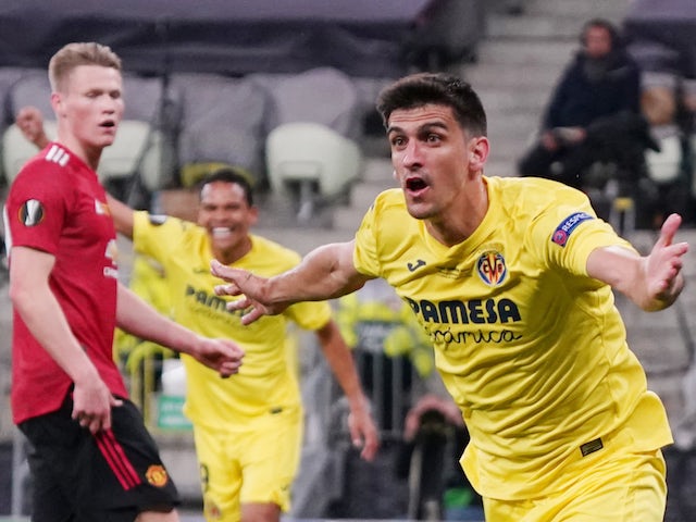 Villarreal's Gerard Moreno celebrates scoring against Manchester United in the Europa League final on May 26, 2021