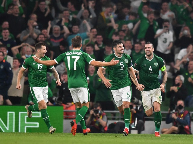 Republic of Ireland's Shane Duffy, John Egan, James Collins and Jayson Molumby celebrate after Serbia's Nikola Milenkovic scores an own goal in World Cup Qualifying on September 7, 2021
