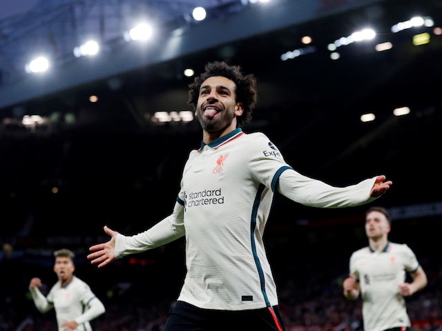 Liverpool's Mohamed Salah celebrates scoring their fifth goal and his hat-trick on October 24, 2021