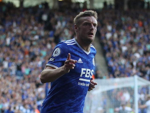 Leicester City's Jamie Vardy celebrates scoring against Burnley in the Premier League on September 25, 2021
