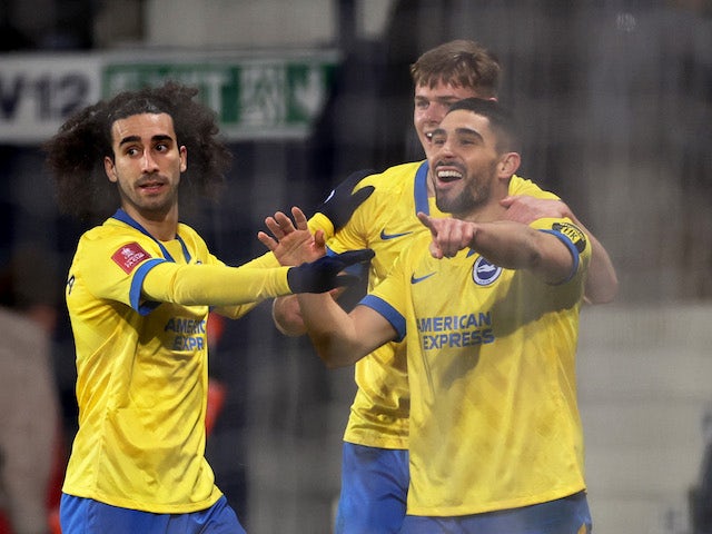Brighton & Hove Albion's Neal Maupay celebrates scoring their second goal with teammates on January 8, 2022