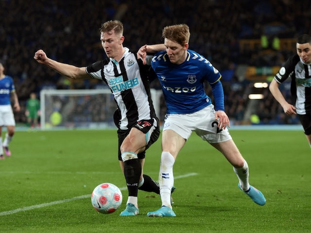 Everton's Anthony Gordon in action with Newcastle United's Emil Krafth on March 7, 2022