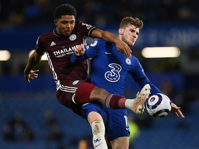  Leicester City's Wesley Fofana in action with Chelsea's Timo Werner on May 18, 2021