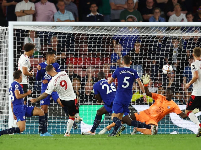 Adam Armstrong scoring for Southampton against Chelsea on August 30, 2022.