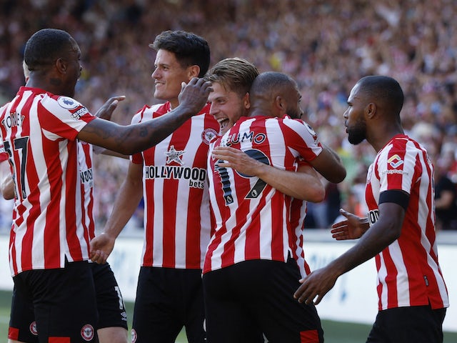 Brentford celebrate scoring against Manchester United in their Premier League fixture on August 13, 2022.