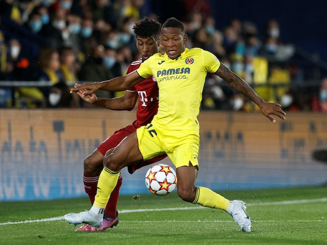 Villarreal's Pervis Estupinan in action with Bayern Munich's Kingsley Coman on April 6, 2022 
