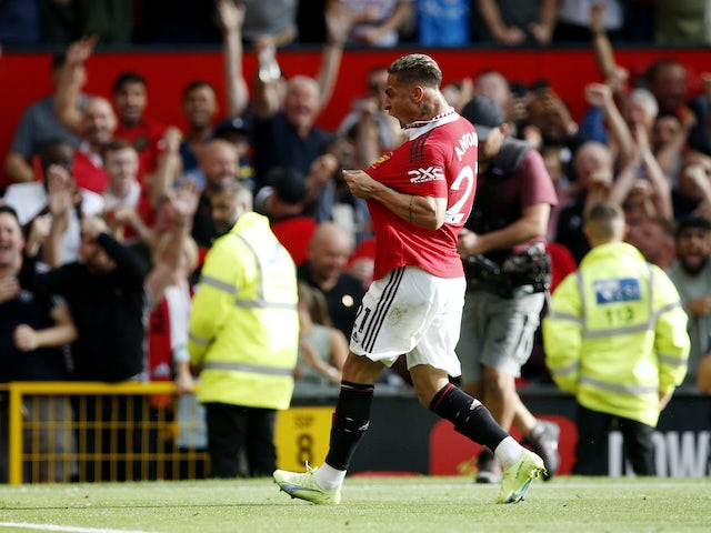 Manchester United's Antony celebrates scoring their first goal on September 4, 2022