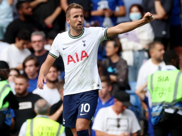 Harry Kane celebrates getting a late equaliser for Tottenham Hotspur on August 14, 2022