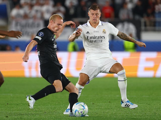 Eintracht Frankfurt's Sebastian Rode in action with Real Madrid's Toni Kroos in the UEFA Super Cup on August 10, 2022