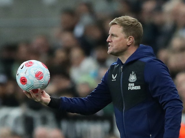 Newcastle United manager Eddie Howe holds the ball on April 8, 2022