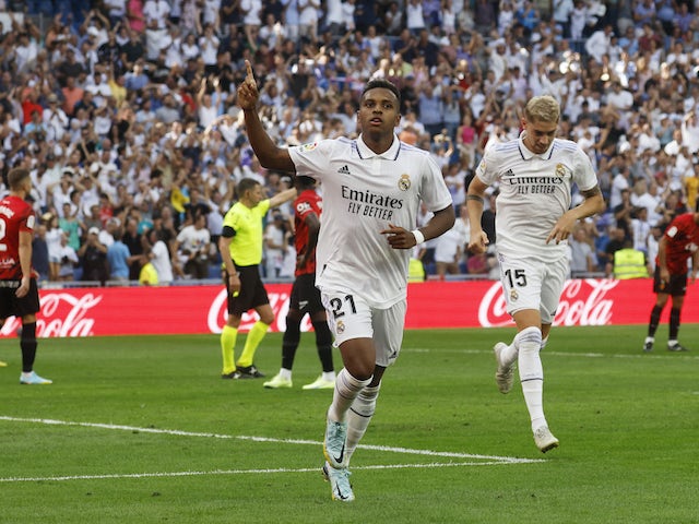 Real Madrid's Rodrygo celebrates scoring against Mallorca on September 11, 2022