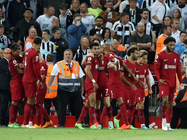 Liverpool's Fabio Carvalho celebrates scoring their second goal with teammates on August 31, 2022