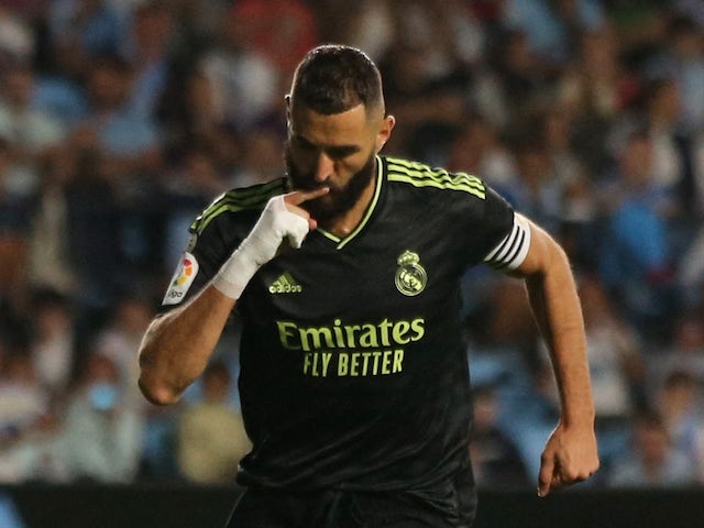 Karim Benzema celebrates scoring for Real Madrid on August 20, 2022