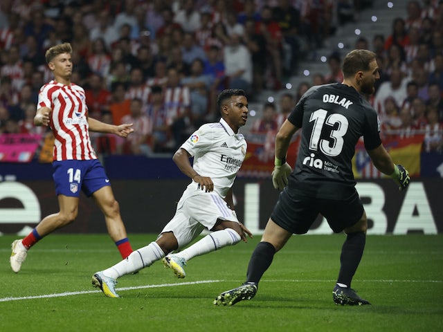 Real Madrid's Rodrygo scores against Atletico Madrid on September 18, 2022