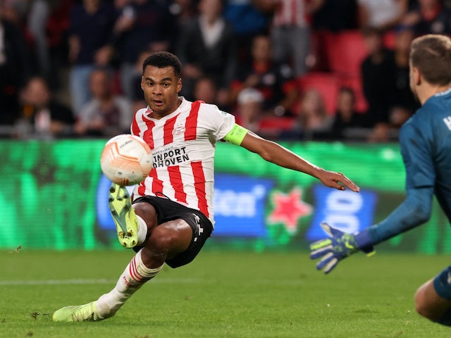 PSV Eindhoven's Cody Gakpo scores their first goal on September 8, 2022