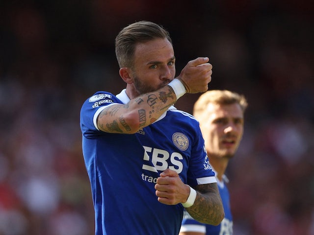 James Maddison celebrates scoring for Leicester City on August 13, 2022