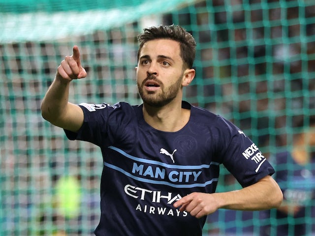 Manchester City's Bernardo Silva celebrates scoring their fifth goal before it is disallowed after a VAR review on February 15, 2022 