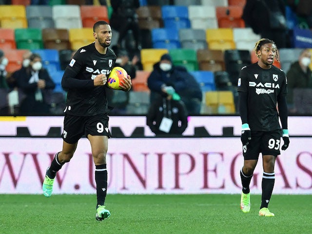 Udinese's Beto celebrates scoring their second goal with Brandon Soppy on January 9, 2022