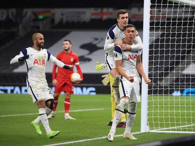 Tottenham Hotspur's Carlos Vinicius celebrates scoring against Royal Antwerp in the Europa League on December 10, 2020