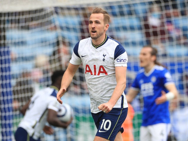 Tottenham Hotspur's Harry Kane celebrates scoring their first goal against Leicester City in the Premier League on May 23, 2021