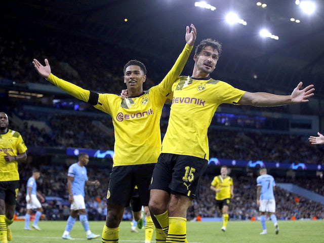 Borussia Dortmund's Jude Bellingham celebrates scoring against Manchester City on September 14, 2022