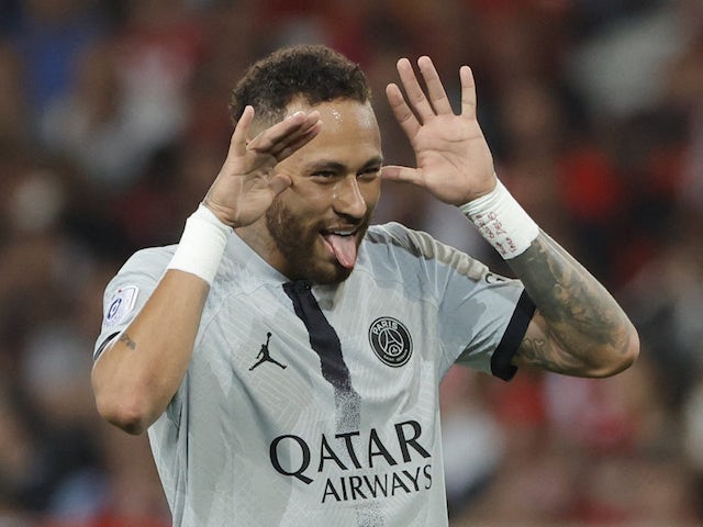 Neymar celebrates scoring for Paris Saint-Germain on August 21, 2022