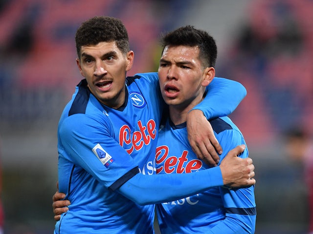 Napoli's Hirving Lozano celebrates scoring their first goal with Giovanni Di Lorenzo on January 17, 2022