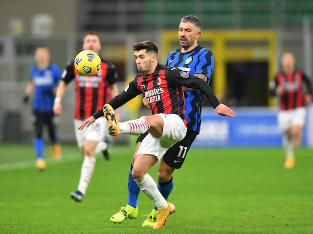AC Milan's Brahim Diaz in action with Inter Milan's Aleksandar Kolarov in Serie A on January 26, 2021
