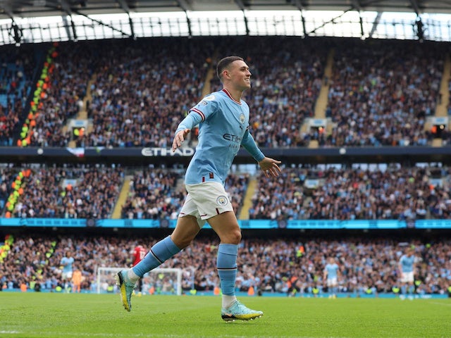 Phil Foden celebrates scoring for Manchester City on October 2, 2022