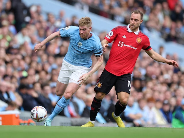 Manchester City's Kevin De Bruyne in action with Manchester United's Christian Eriksen on October 2, 2022