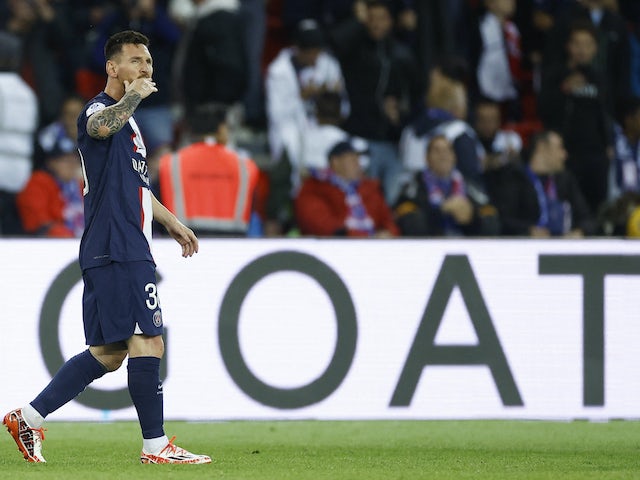 Paris Saint-Germain's (PSG) Lionel Messi celebrates scoring their first goal on October 1, 2022