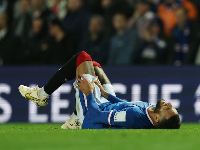 Rangers' Connor Goldson reacts after sustaining an injury on October 12, 2022