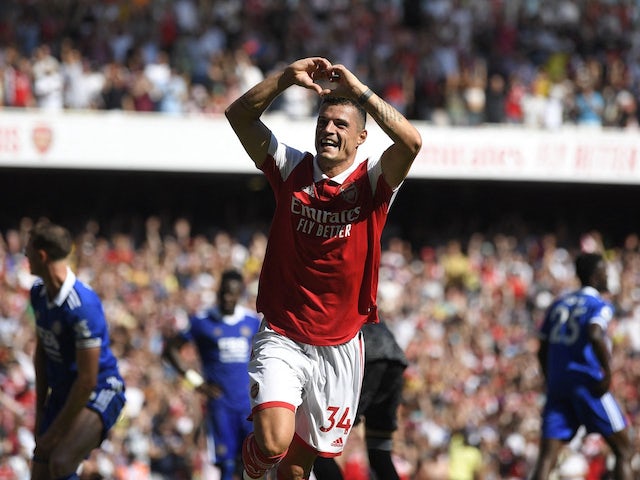 Granit Xhaka celebrates scoring for Arsenal on August 13, 2022