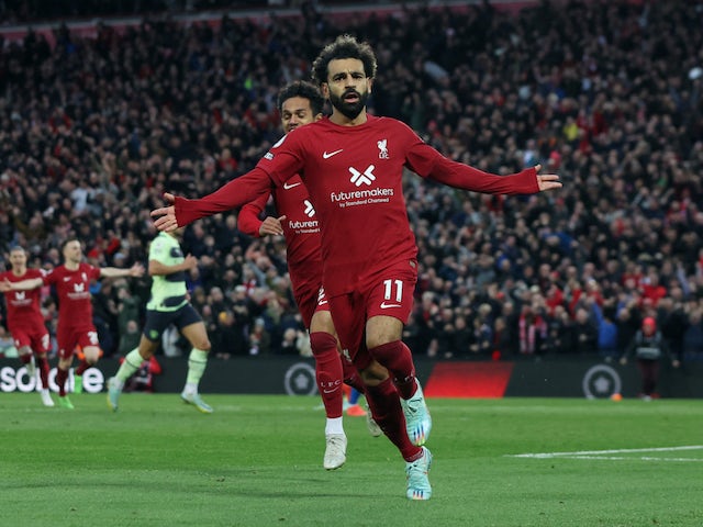 Mohamed Salah celebrates scoring for Liverpool against Manchester City on October 16, 2022