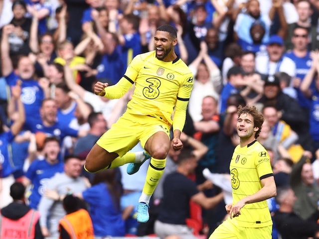 Ruben Loftus-Cheek celebrates scoring for Chelsea against Crystal Palace in the FA Cup semi-finals on April 17, 2022.