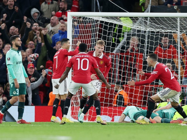 Manchester United's Scott McTominay celebrates scoring against Omonia on October 13, 2022