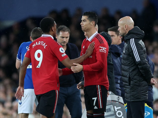 Manchester United's Anthony Martial is replaced by Cristiano Ronaldo against Everton on October 9, 2022