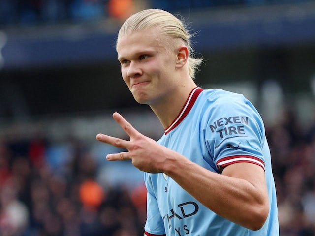Erling Braut Haaland celebrates his hattrick for Manchester City on October 2, 2022