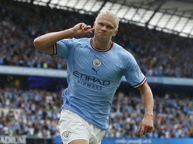 Erling Braut Haaland celebrates his hat-trick for Manchester City on August 27, 2022