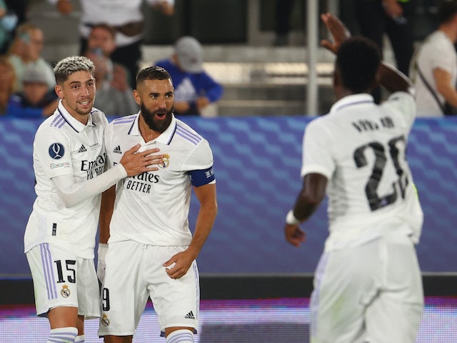 Real Madrid's Karim Benzema celebrates scoring in the UEFA Super Cup on August 10, 2022