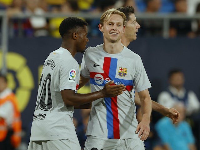 Barcelona midfielder Frenkie de Jong celebrates scoring against Cadiz on September 10, 2022