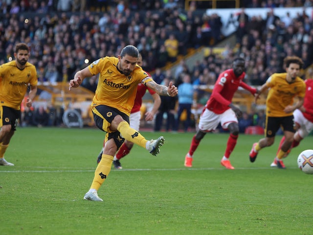Ruben Neves scoring a penalty for Wolverhampton Wanderers against Nottingham Forest on October 15, 2022.