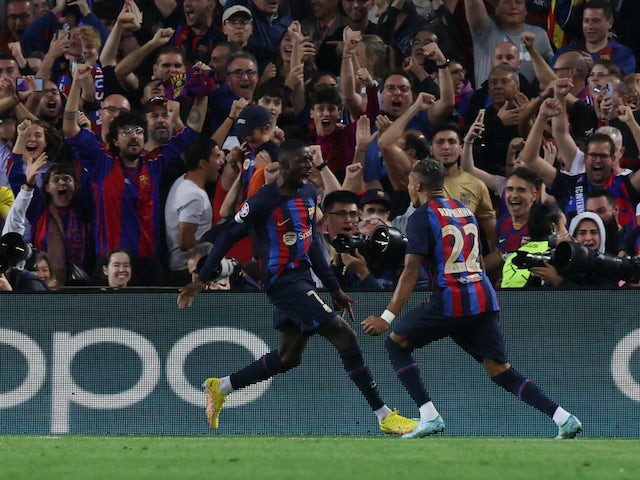 Barcelona's Ousmane Dembele celebrates scoring against Inter Milan on October 12, 2022