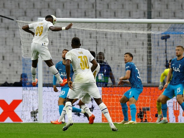 Marseille's Chancel Mbemba scores their first goal on November 1, 2022