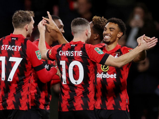 Bournemouth celebrate scoring against Everton in the EFL Cup on November 8, 2022.