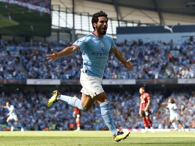 Ilkay Gundogan celebrates scoring for Manchester City on August 13, 2022
